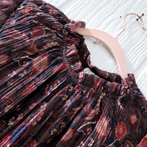 Joie Boho Floral Metallic Smocked Cropped Peasant Top Sheer Sleeves Brown Large - Picture 4 of 7